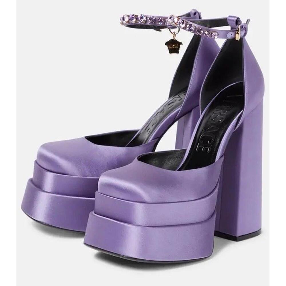 NIB Versace Medusa Aevitas Orchid Purple Satin Crystal Platform Pumps 40.5 $1575 - Picture 3 of 9